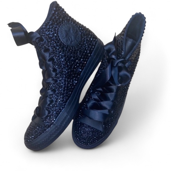 Jet Black Crystal High Top Converse Sizes 5-14 New In Box With Ribbon Laces - Picture 1 of 14